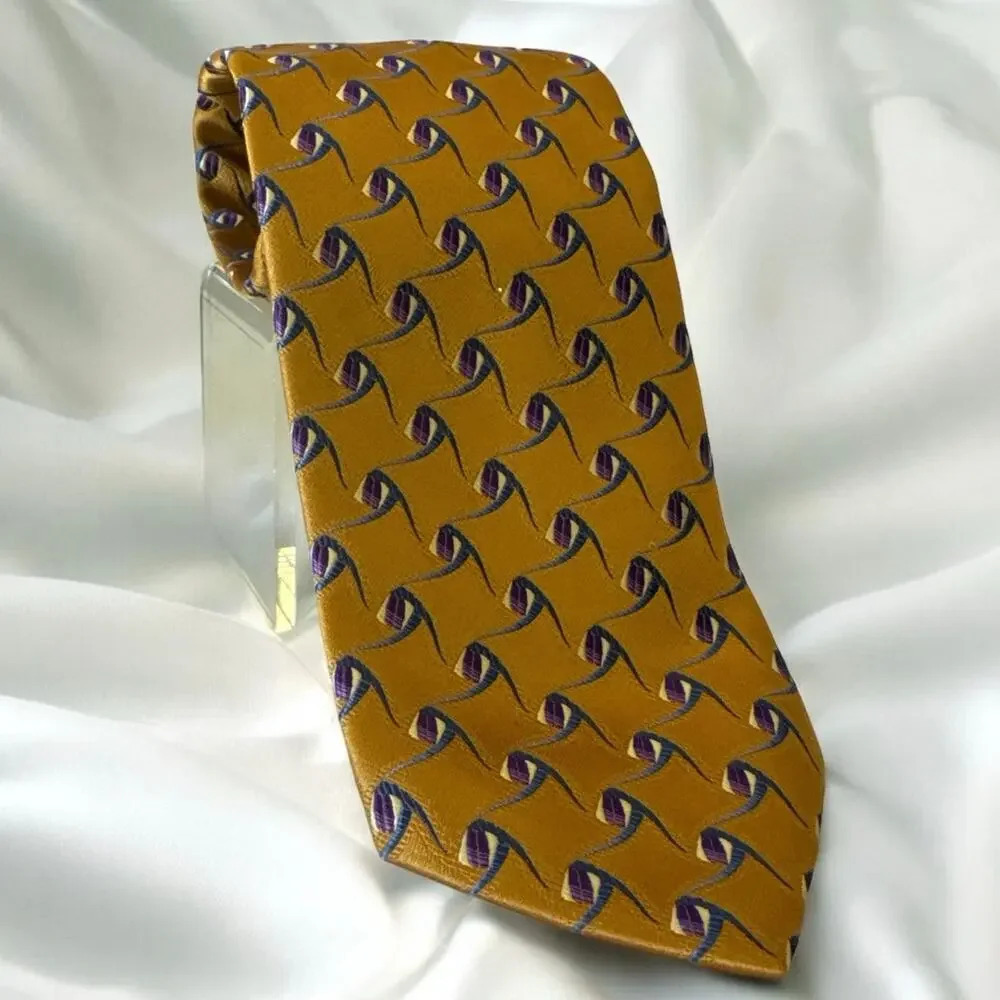 ROOSTER NYC Men’s Silk Golden Yellow and Purple Abstract Design Necktie, Vintage